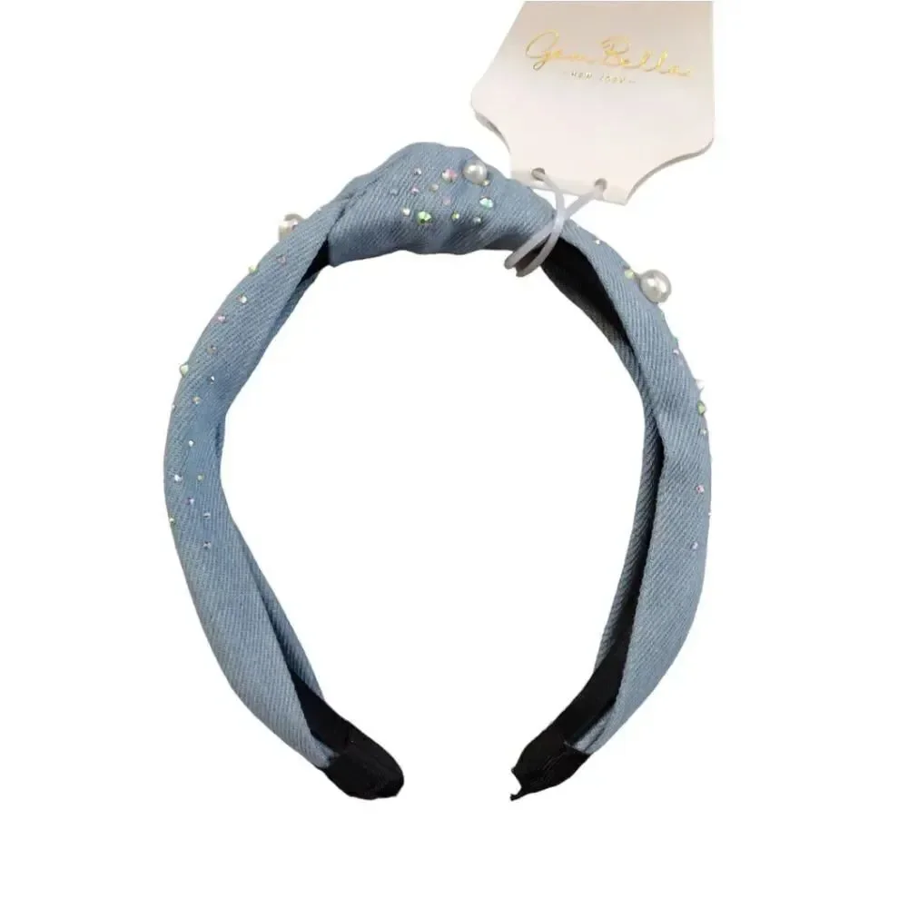 Gem Bella Light Blue‎ Denim Embellished Top Knot Headband NWT